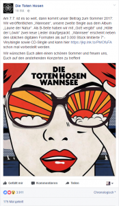 Facebook-Ankündigung der Hosen zur Single Wannsee