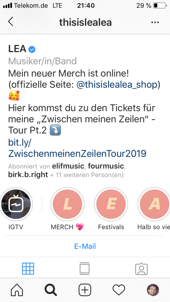 Die Insta Bio der Sängerin LEA